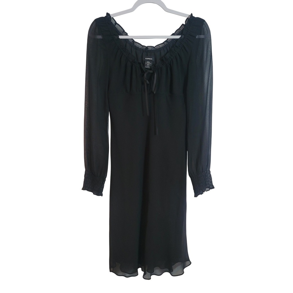 Express Black 100% Silk Ruffle Neck Sheer Sleeve Dress Size 3/4 LBD Whimsigoth